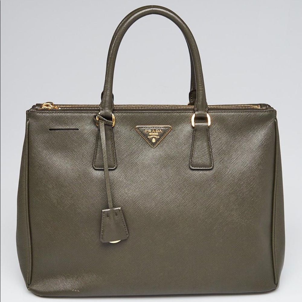 Prada Olive Green Saffiano Double Zip Tote